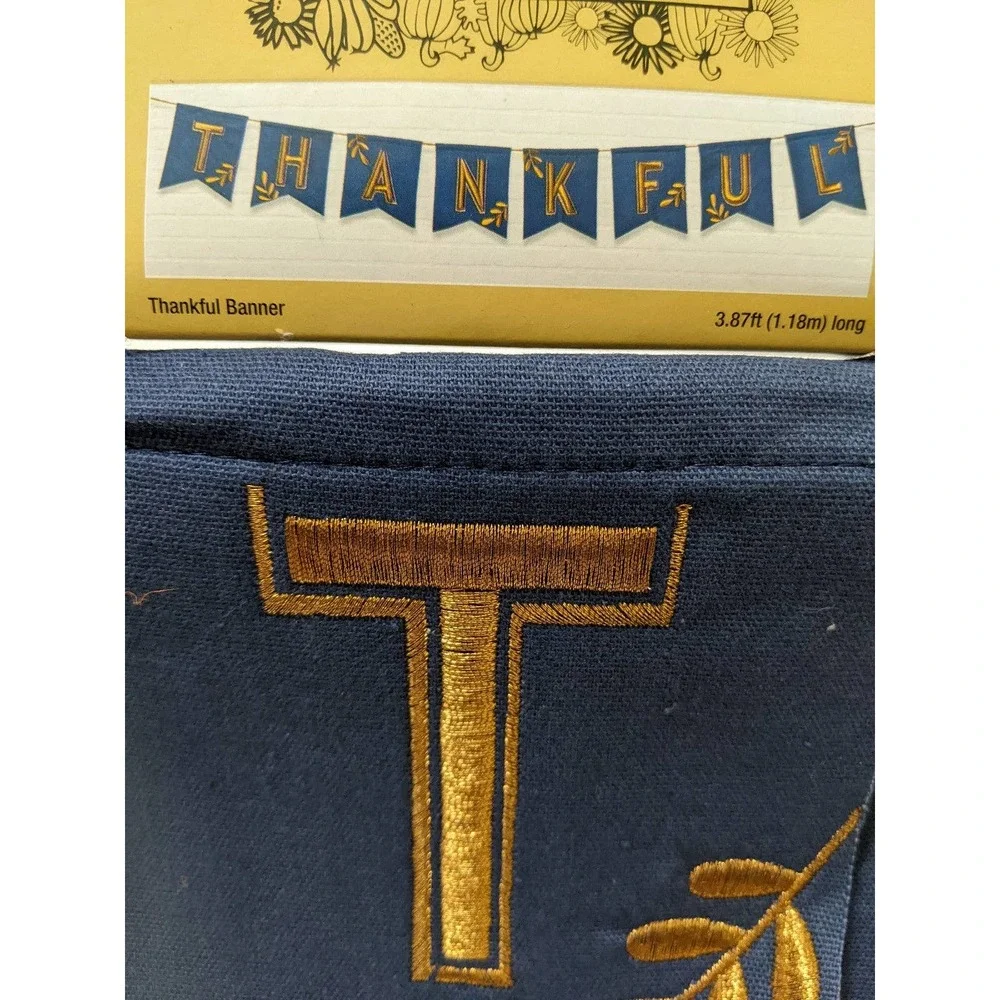 Blue Gold THANKFUL embroidery embroidered Autumn Banner Garland Robert Stanley